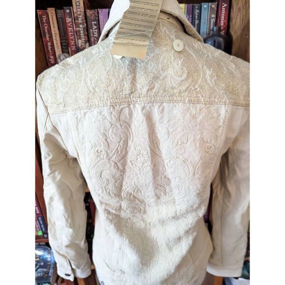justcavalli cream/gold 6 pocket denim jacket button front sparkly back sz s nwt - Picture 3 of 8